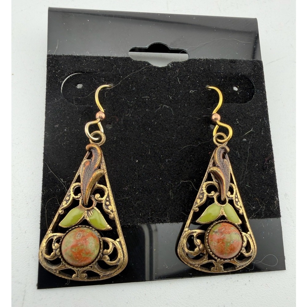 Boho Triangle Earrings Dangle‎ Stone Gem Enamel Leaf Design